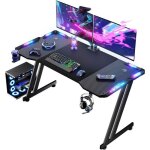 Hlonone 120 x 60cm bureau gaming led grande bureau gamer avec tapis de souris porte - gobelet et crochet ...