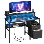 Bureau gaming - vasagle - noir bois� - 2 tiroirs - support d�cran - 2 ports usb