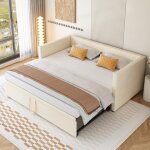Lit gigogne 90 - 180x200 cm lit simple - double extensible avec sommiers � lattes velours beige