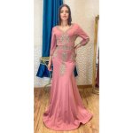 Caftan coupe sirne corail - takchita - robe brode avec perles de cristaux blancs