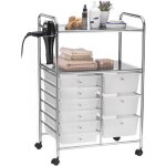 Caisson sur roulettes marita chariot 9 tiroirs en plastique blanc transparent et 2 �tag�res rangement ...