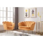 Canap� 2 places et fauteuil coquillage en velours jaune moutarde dandelion