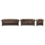 Canaps 3 places 2 places et un fauteuil chesterfield en microfibre aspect cuir vieilli