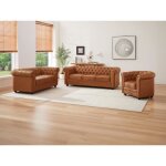 Canap 3 places 2 places et fauteuil en cuir de vachette camel chesterfield