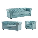Canap�s 3 places et 2 places et fauteuil en velours bleu pastel chesterfield