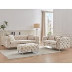 Canap� 3 places 2 places et pouf chesterfield en velours beige edwina