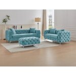 Canapé 3 places 2 places et pouf chesterfield en velours bleu pastel edwina Canapé 3 places 2 places et pouf chesterfield en velours bleu pastel edwina