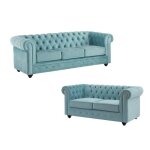 Canap�s 3 places et 2 places en velours bleu pastel chesterfield