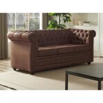 Canap 3 places convertible en microfibre aspect cuir vieilli chesterfield