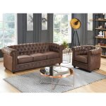 Canap 3 places et fauteuil chesterfield en microfibre aspect cuir vieilli