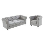 Canapé 3 places et fauteuil chesterfield - velours gris clair Canapé 3 places et fauteuil chesterfield - velours gris clair