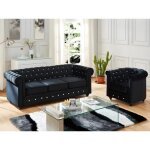 Canapé 3 places et fauteuil chesterfield - velours noir et boutons effet cristal Canapé 3 places et fauteuil chesterfield - velours noir et boutons effet cristal