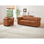 Canap 3 places et fauteuil en cuir de vachette camel chesterfield