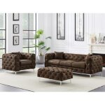 Canap� 3 places fauteuil et pouf chesterfield en microfibre aspect cuir vieilli edwina