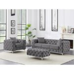 Canapé 3 places fauteuil et pouf chesterfield en velours anthracite edwina Canapé 3 places fauteuil et pouf chesterfield en velours anthracite edwina