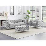 Canapé 3 places fauteuil et pouf chesterfield en velours gris clair edwina Canapé 3 places fauteuil et pouf chesterfield en velours gris clair edwina