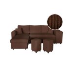 Canap� dangle r�versible convertible oslo avec coffre 2 poufs � droite en velours c�tel� marron - l241 ...