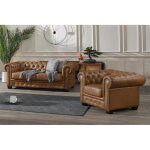 Canap chesterfield 3 places et un fauteuil brenton 100% cuir de buffle premium - caramel vintage