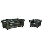 Canapé chesterfield 3 places et un fauteuil brenton 100% cuir de buffle - vert empire Canapé chesterfield 3 places et un fauteuil brenton 100% cuir de buffle - vert empire