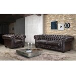 Canapé chesterfield 3 places et un fauteuil brenton 100% cuir de buffle - marron reflets châtains Canapé chesterfield 3 places et un fauteuil brenton 100% cuir de buffle - marron reflets châtains