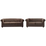 Canaps 3 places et 2 places chesterfield en microfibre aspect cuir vieilli