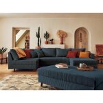 Rune - canap� panoramique dangle gauche - 7 places - avec pouf dappoint - en velours c�tel� - bleu nuit ...