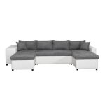 Canapé panoramique oslo convertible avec coffres poufs à gauche en simili blanc et microfibre grise Canapé panoramique oslo convertible avec coffres poufs à gauche en simili blanc et microfibre grise