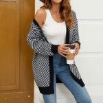 Cardigan gilet femme rayure manches longues automne hiver en tricot - noir blanc Cardigan gilet femme rayure manches longues automne hiver en tricot - noir blanc