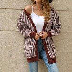 Cardigan gilet femme rayure manches longues automne hiver en tricot - rouge blanc