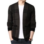 Cardigan laine plaid homme coupe slim avec poches gilet en tricot doux - cafe