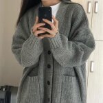 Cardigan pull gris mi - long pour femme - vitata - tricot rtro - automne et hiver - col arrondi