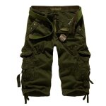 Cargo shorts hommes casual bermuda ete coupe droite multi - poches couleur unie - arme verte
