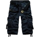 Cargo shorts hommes casual bermuda ete coupe droite multi - poches couleur unie - bleu fonc