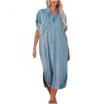 Robe - casual - robe en jeans - col avec poche - boutons - manche courte - longueur mollet - bleu Robe - casual - robe en jeans - col avec poche - boutons - manche courte - longueur mollet - bleu