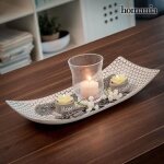 Centre de table avec bougeoirs - homania - harmony - plateau en bois - bougeoir en verre - gris