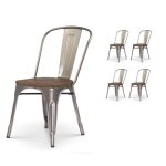 Lot de 4 chaises en métal brut aspect galvanisé et assise en bois foncé - style industriel Lot de 4 chaises en métal brut aspect galvanisé et assise en bois foncé - style industriel