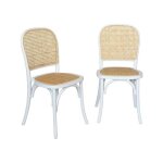 Lot de deux chaises vintage blanches en bois avec assise et dossier en rotin