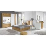 Chambre wood coloris chêne et blanc avec lit coffre led commode chevets et armoire Chambre wood coloris chêne et blanc avec lit coffre led commode chevets et armoire