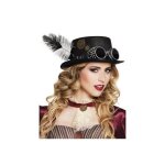 Chapeau steampunk femme blanc - generique - avec plumes rouages et lunettes - noir