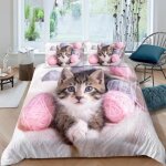 Chat mignon et pelotes de laines gris et roses parure de lit 3 pieces 1 housse de couette 220 * 240cm ...