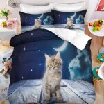 Chat tigr� mignon et lune dans la nuit parure de lit 3 pieces 1 housse de couette 150 * 200cm et 2 taies ...