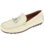 Chaussures mocassins hommes beige en cuir avec pompons