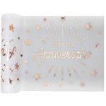 Chemin de table joyeux anniversaire blanc et rose gold mtallique 30cm x 5m (x1) ref / 6646