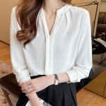 Chemise blanche col v chemise en mousseline de soie à manches longues pour femmes chemise professionnelle ... Chemise blanche col v chemise en mousseline de soie à manches longues pour femmes chemise professionnelle ...