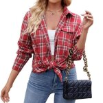 Chemise carreaux femme  manches longues regular fit casual chemise avec poches pour automne hiver - ...