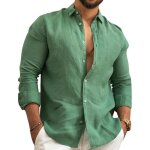 Chemise en coton et lin homme - vert - manches longues - regular - col chemise