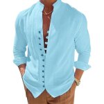 Chemise col mao homme en coton et lin manches courtes bleu ciel - casual Chemise col mao homme en coton et lin manches courtes bleu ciel - casual