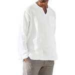 Chemise en coton et lin - funmoon - manches longues - col en v - respirante - blanche