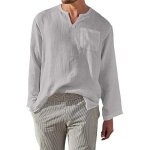 Chemise en coton et lin pour homme manches longues col en v respirant gris