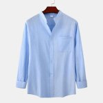 Chemise couleur unie en coton lin manches longues pour homme col montant - bleu clair - insfity - regular ...